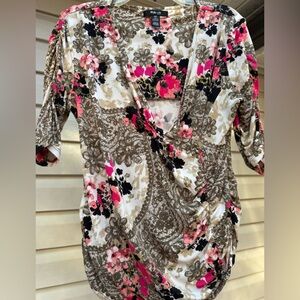 New York & Company Floral Wrap Blouse in Pink and Brown